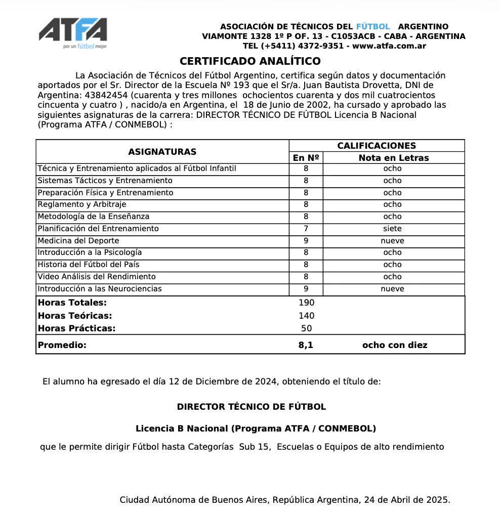 Certificado analítico de formación ATFA CONMEBOL como Director Técnico de Fútbol
