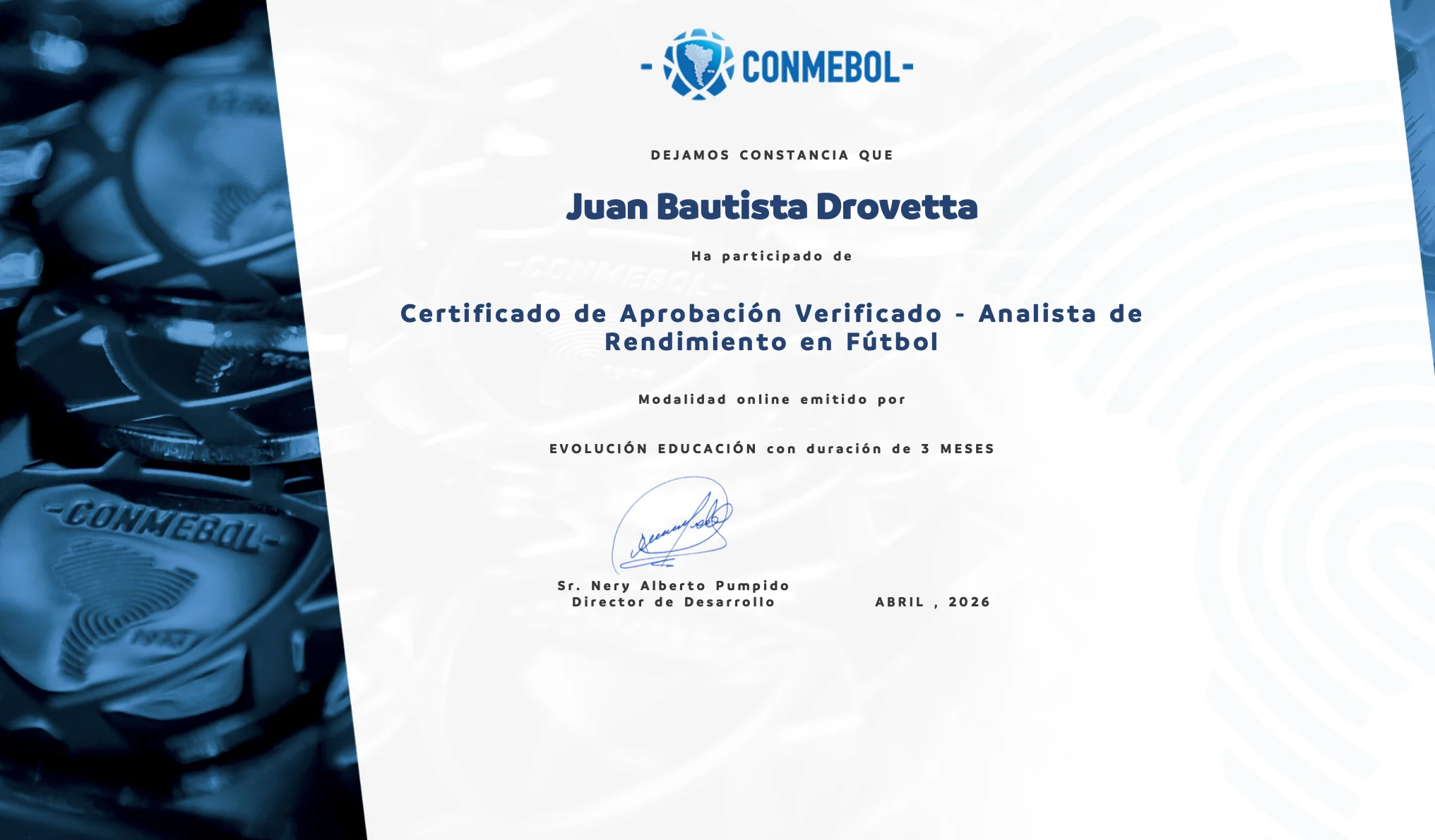 Certificado CONMEBOL Evolución de aprobación verificada como Analista de Rendimiento en Fútbol