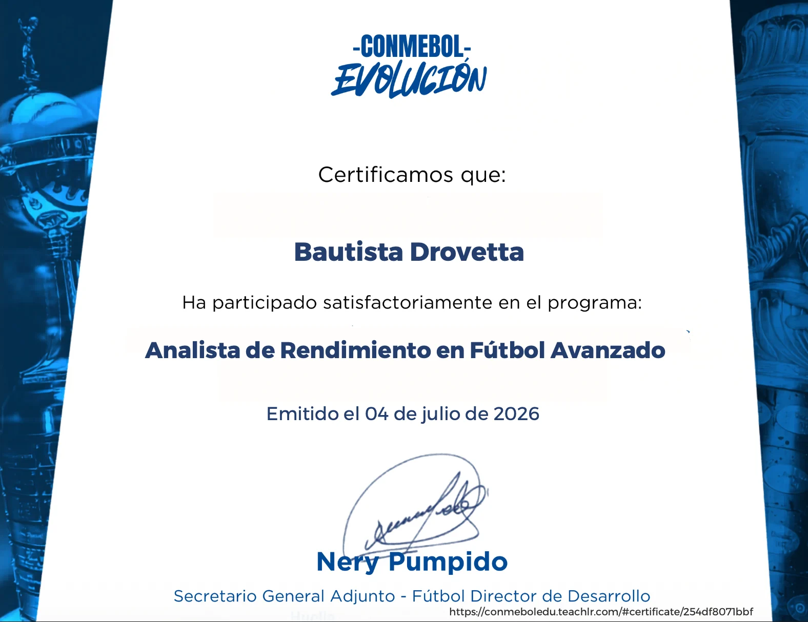 Certificado CONMEBOL Evolución de Analista de Rendimiento en Fútbol Avanzado