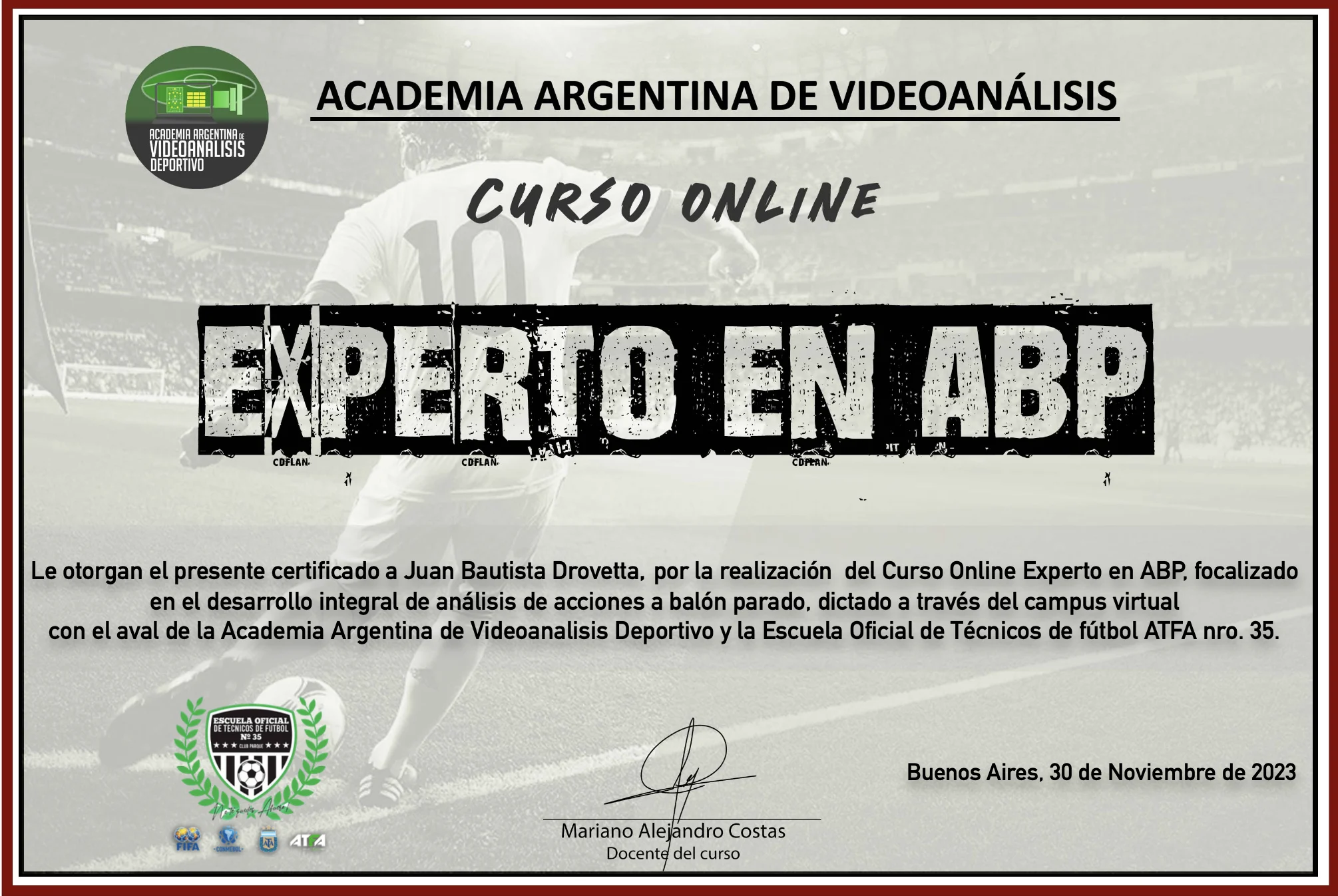 Certificado de Experto en ABP de la Academia Argentina de Videoanálisis Deportivo