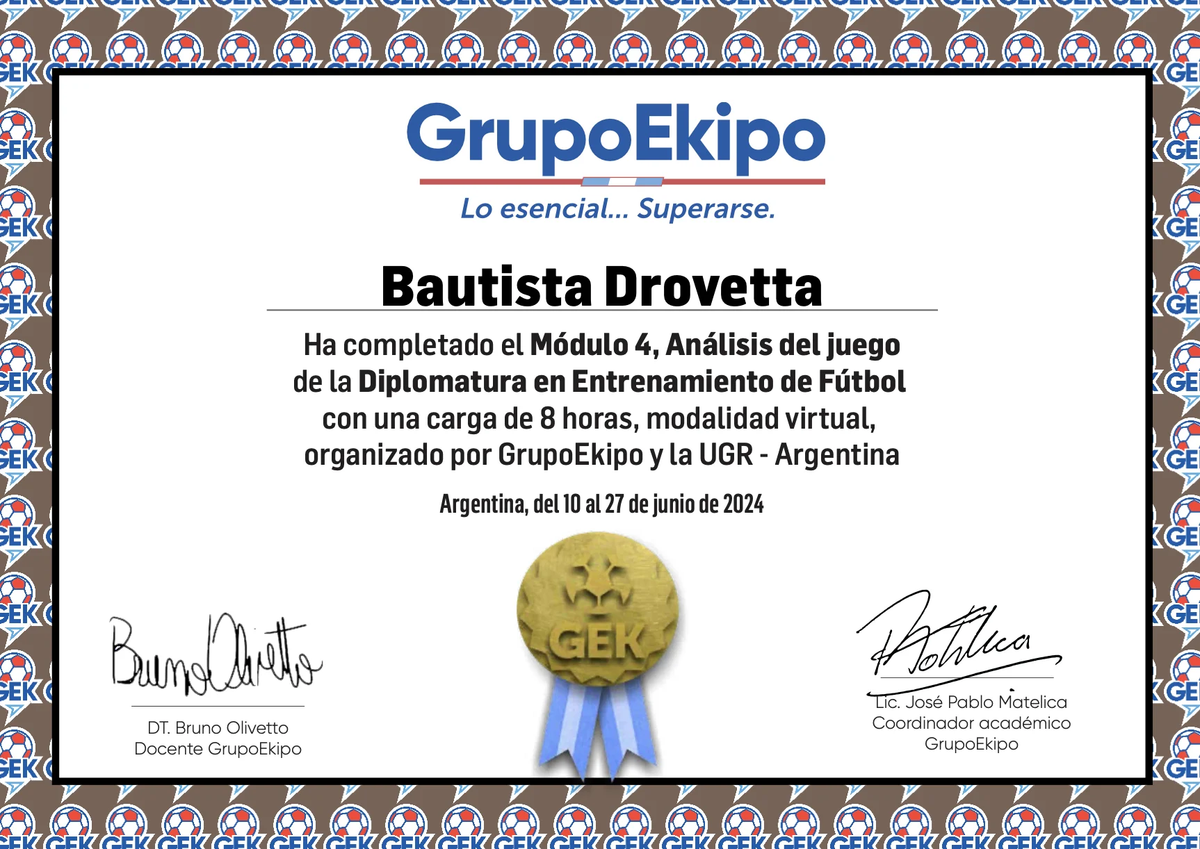 Certificado GrupoEkipo de módulo de análisis del juego