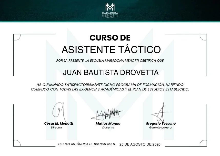 Certificado de curso de Asistente Táctico de la escuela Maradona Menotti