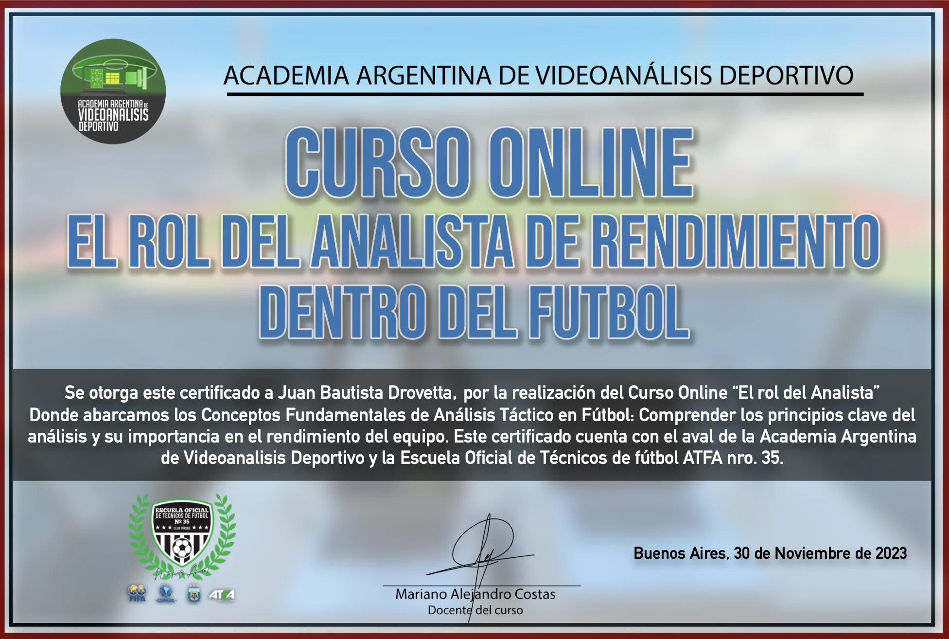 Certificado de curso El rol del analista de rendimiento dentro del fútbol